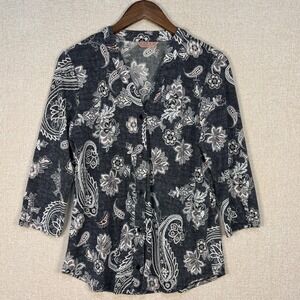 Amana Cardigan Top Womens XL Paisley Floral Button Front 3/4 Sleeve Gray White